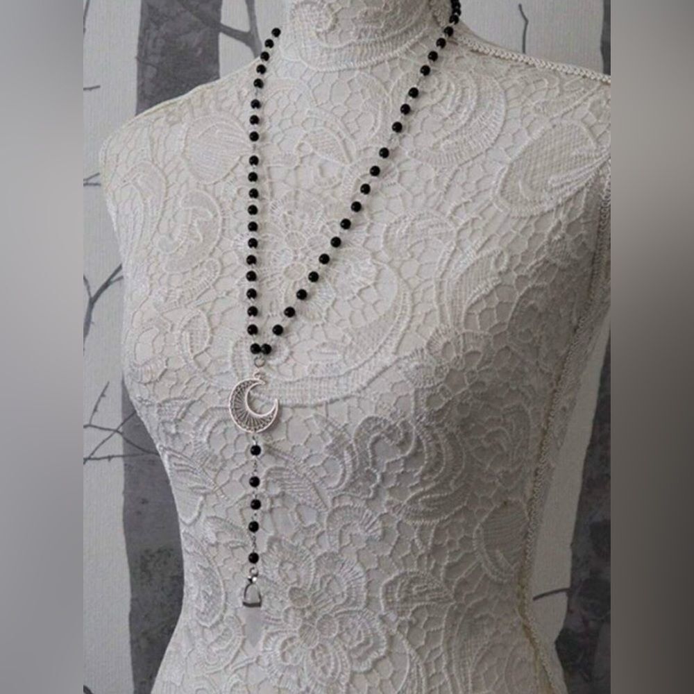 Gothic Black Bead Necklace, Silver Tone Moon, White Crystal, Long Length